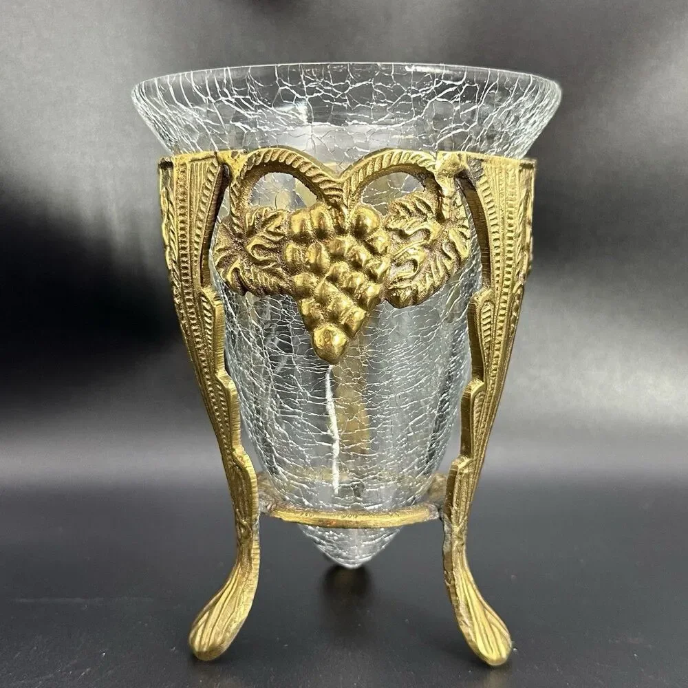 Vintage Crackle Glass Cone Vase Ornate Brass Grape Pod Tripod Stand Set MCM 5.5